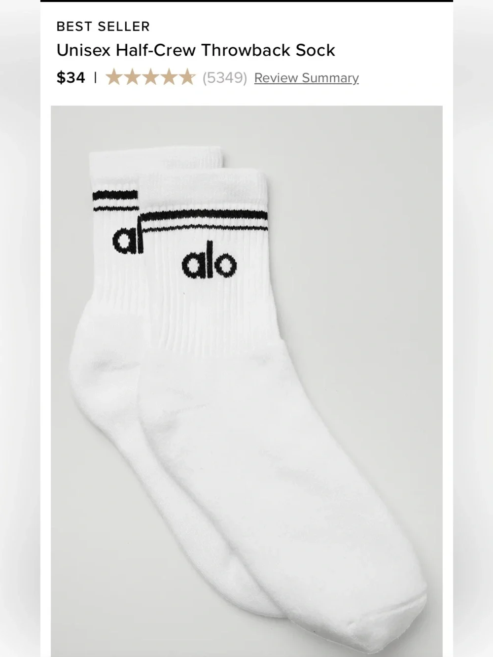 ALO Yoga, UniWhite Half-Crew Athletic Socks with Black Logo , women’s 5 to 7